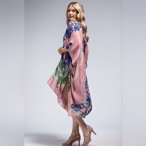 Flower Bouquet & Butterfly Print Kimono - Lightweight Silky Material - Picture 5 of 5